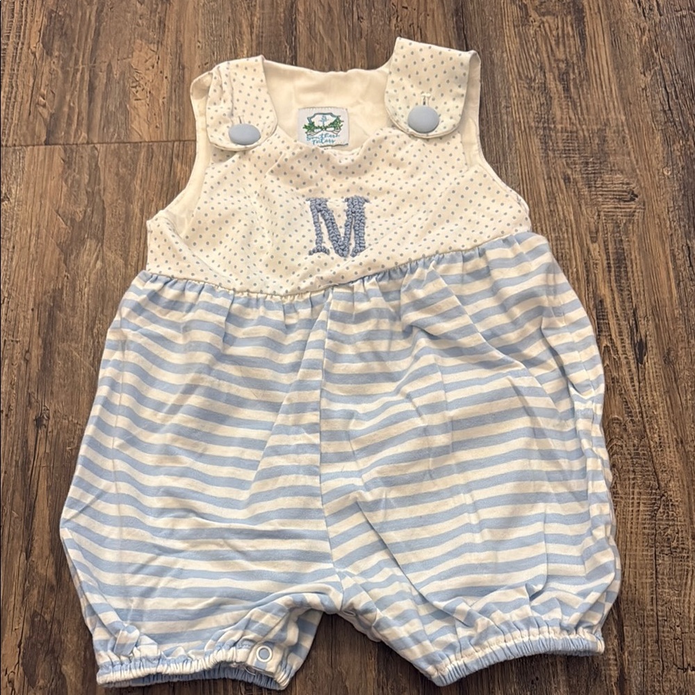Southern Taters Baby Romper with Blue Stripes and French Knot “M” Size 12 months